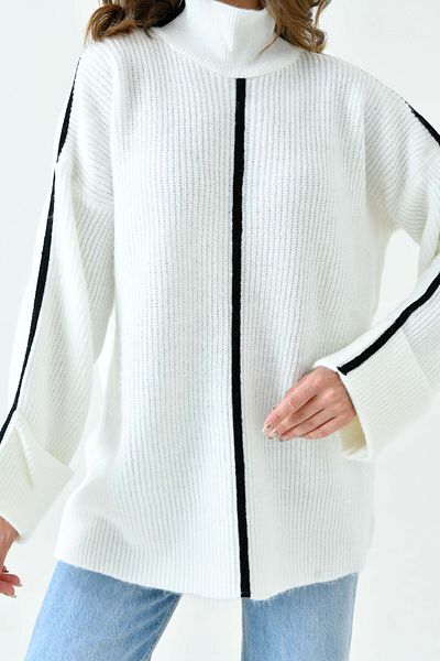 vuvutasarım Turtleneck White Knitwear Oversize Sweater - Long Sleeve and Stripe Detail 4119