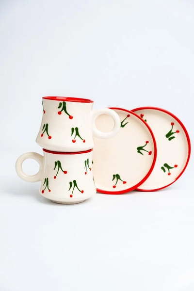 Porsellena كوب قهوة سيراميك بنمط الكرز - مجموعة مصنوعة يدويًا مكونة من قطعتين