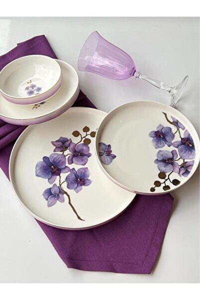 Sembol Violet Mor Menekşe Desen Bone Chine Porselen 24 Parça Yemek Takımı Vogue007