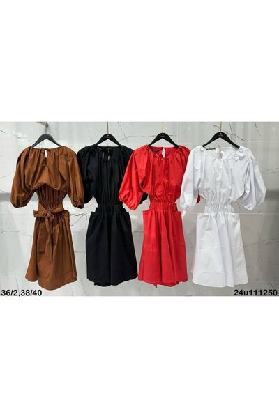 Lefon Sırtı Açık, Kuşak Bağlama Deraylı, Diz Üstü Balon Kollu Kahverengi Elbise