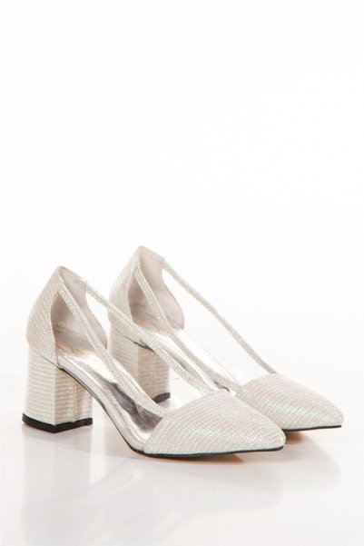 EPTC Silver Glitter Thick Heel Stiletto-Evening Dress Heeled Shoes Scalloped Feet Size 1 Take One Size Larger