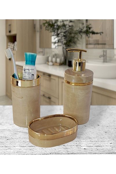 İmera Acrylic Round 3 Piece Marble Pattern Bathroom Set (COLOR; CREAM-GOLD)