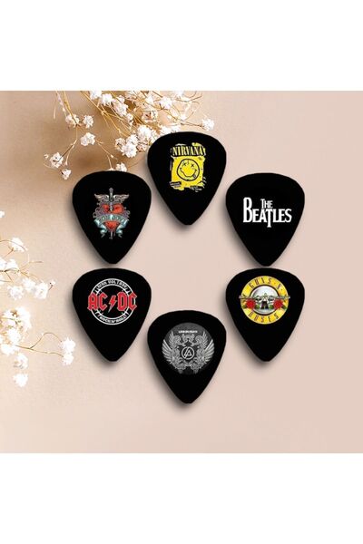cantekin Gitar Pena 6 Adet Nirvana Bon Jovi AC/DC Linkin Park Guns N Roses The Beatles Çift Taraflı Baskılı