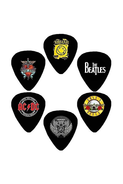 cantekin Gitar Pena 6 Adet Nirvana Bon Jovi AC/DC Linkin Park Guns N Roses The Beatles Çift Taraflı Baskılı