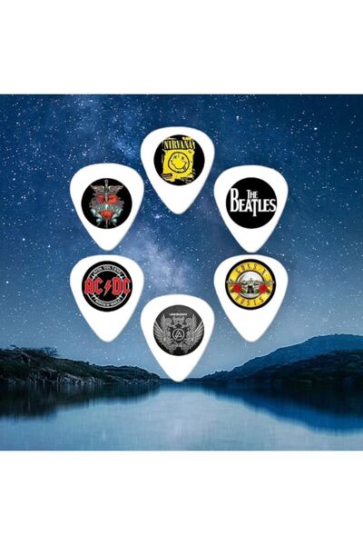 cantekin Gitar Pena 6 Adet Nirvana Bon Jovi AC/DC Linkin Park Guns N Roses The Beatles Çift Taraflı Baskılı