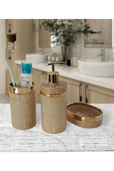 İmera Acrylic Round 3 Piece Marble Pattern Bathroom Set (COLOR; CREAM-GOLD)