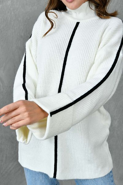 bayansepeti White Knitwear Oversize Sweater - Turtleneck, Stripe Detailed 4119