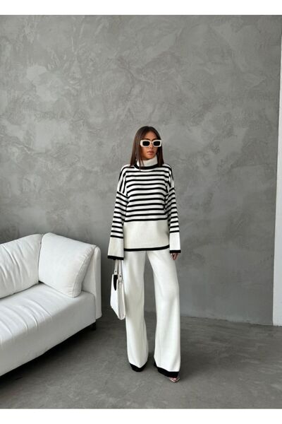 FRİYA Oversize Women's Striped Knitwear Pants and Sweater Set