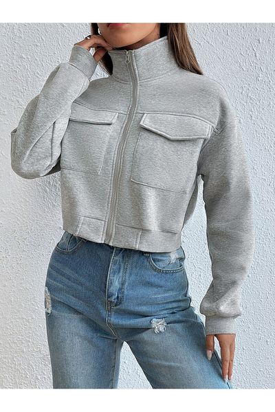 CLAYES Dámská šedá bunda Crop s límečkem a kapsami