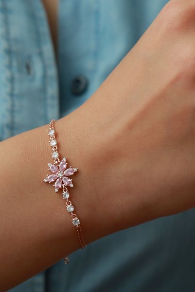 Silvano Jewelry 925 Ayar Rose Pembe Taşlı Lotus Gümüş Bileklik
