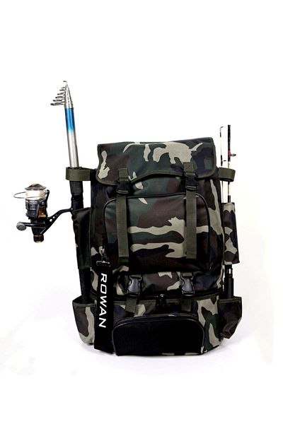 ROWAN ÇANTA Military Camouflage with Thermal Bottom Compartment, Camping and Fishing Backpack with Fishing Rod Compartment and Fixation