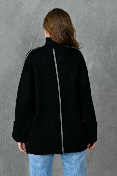 bayansepeti Turtleneck Oversize Black Knitwear Sweater - Stripe Detailed 4119