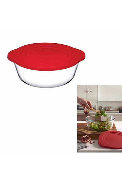 Paşabahçe Plastic Red Lid, Pyrex Round Transparent Oven Dish, 1.45 Liter