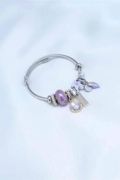 NOVAFACE Lilac Jewelled and Figured Seashell Bracelet - Standard Steel Charm