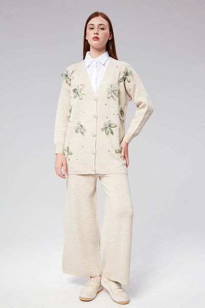 Hatun Atila Hatunatila Tulle Flower and Pearl Detailed Cardigan Double Set - 3046