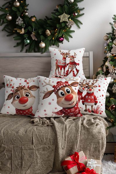 Royalte New Year's Themed - Red and White 4-Piece Luxury Velvet Throw Pillow Set with Snowflake and Deer Pattern