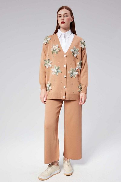 Hatun Atila Hatunatila Tulle Flower and Pearl Detailed Cardigan Double Set - 3046