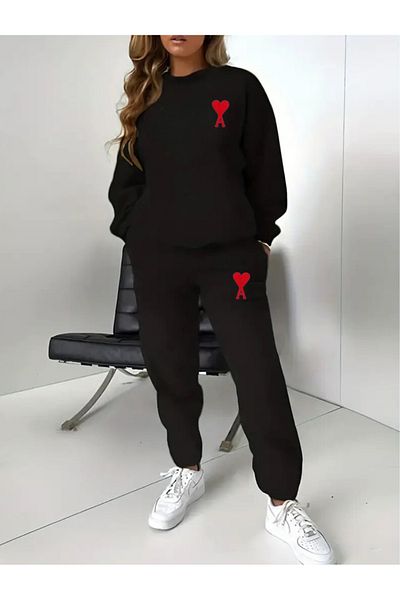 YOHO SPORT Σετ βαμβακερής φόρμας Heart Printed - Σετ χειμωνιάτικο φούτερ και παντελόνι Unisex