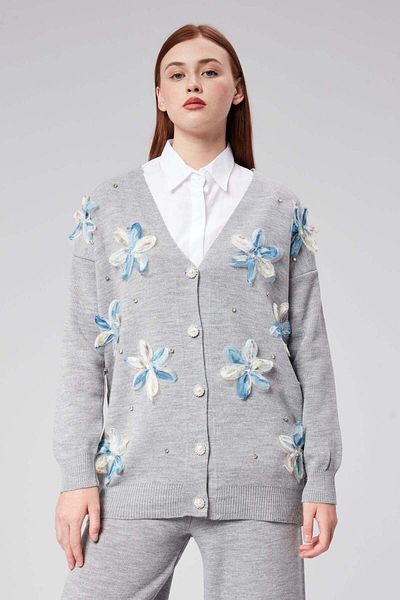 Hatun Atila Hatunatila Tulle Flower and Pearl Detailed Cardigan Double Set - 3046