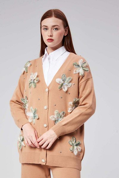 Hatun Atila Hatunatila Tulle Flower and Pearl Detailed Cardigan Double Set - 3046