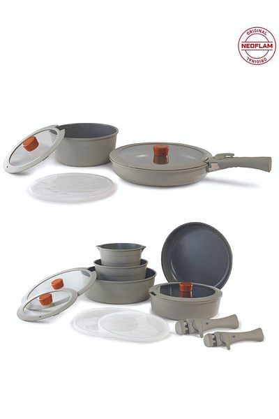 NEOFLAM Midas Gray 18-Piece Interlocking Induction Pot and Pan Set with Detachable Handle