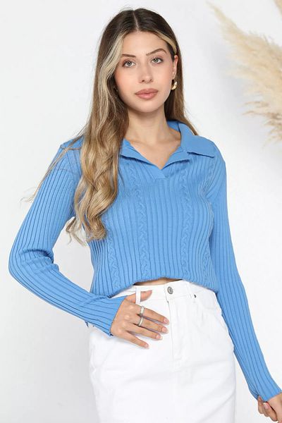 julude Bluză de damă albastră de tricotaj cu gât polo