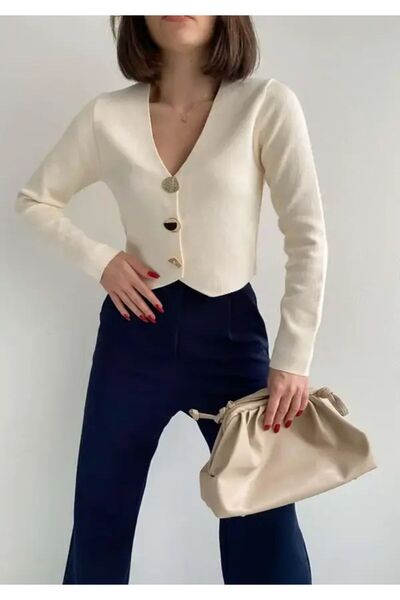Lusin Cardigan elegant pentru tricotaj cu nasturi detaliat pentru femei - crem