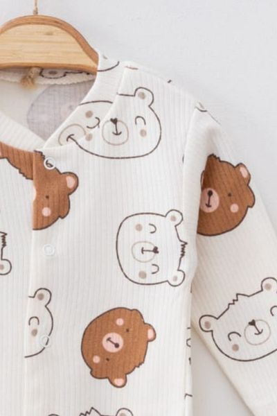 Krazber Teddy Bear Printed Ribbed Hair Baby Rompers - 100% Cotton