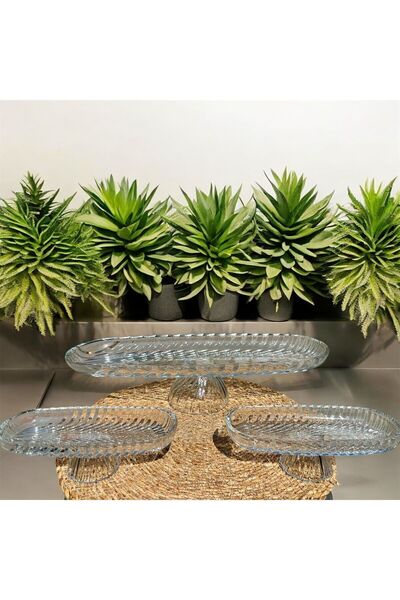 Kaveh glass Santa Ayaklı Cam Sumluk 40 Cm - Oval Ayaklı Cam Sunumluk Iki Adet 20 Cm Çerezlik Hediye