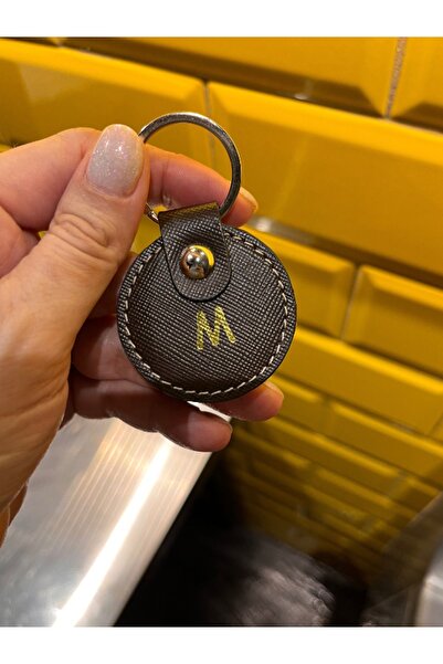 Pinkylola Harf Model Yuvarlak ' M 'harfli ' Safiano Acı Kahverengi Hakiki Deri ,anahtarlık , Çanta Süsü