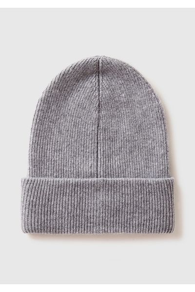United Colors of Benetton Boy's Gray Melange Logo Printed Curved Knitted Beret