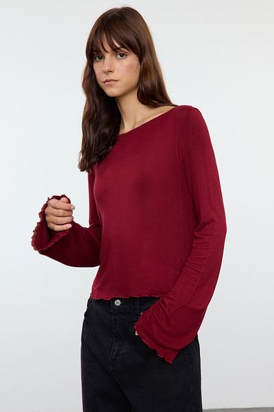 Trendyol Collection Bluză tricotată cu croială obișnuită roșie Claret - Gât barca TWOAW24BZ00156