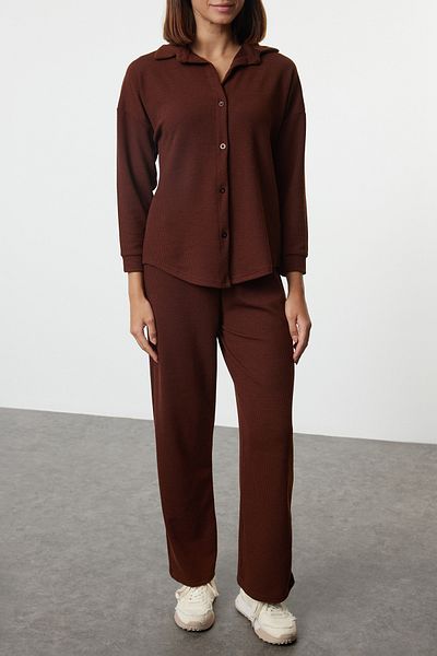 Trendyol Collection Kényelmes vágott barna, rugalmas szálcsiszolt alsó-felső készlet - TWOAW25AU00103