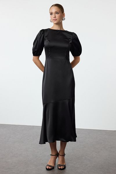 Trendyol Collection Rochie de seară neagră din satin țesut în linie A Rochie de absolvire de noapte TPRSS24EL00286