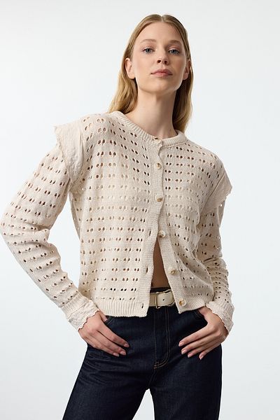 Trendyol Collection Openwork Ecru Knitwear Cardigan - Lace Detailed, Perforated TWOAW25HI00293