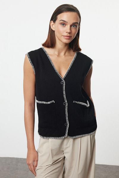 Trendyol Collection Color Blocked Black V-Neck Vest - TWOAW25YE00025