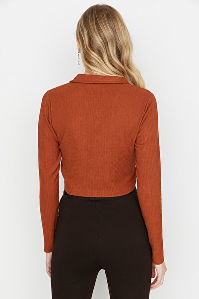 Trendyol Collection Tile Button Fitted Polo Neck Wrap/Textured Crop Knitted Blouse TWOAW22BZ0241