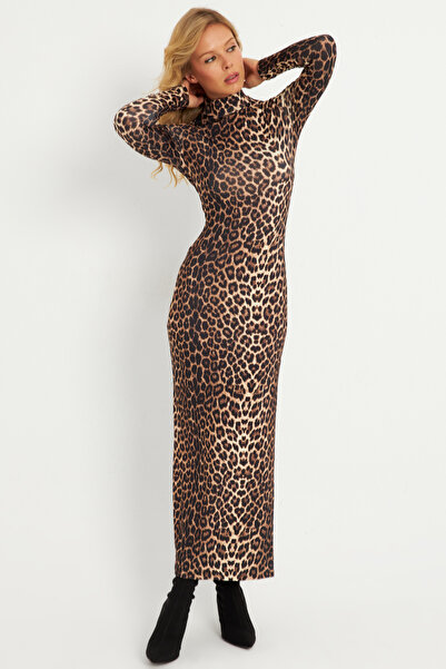 Cool & Sexy Kadın Camel-Siyah Leopar Desenli Maxi Yılbaşı Elbise LİK07