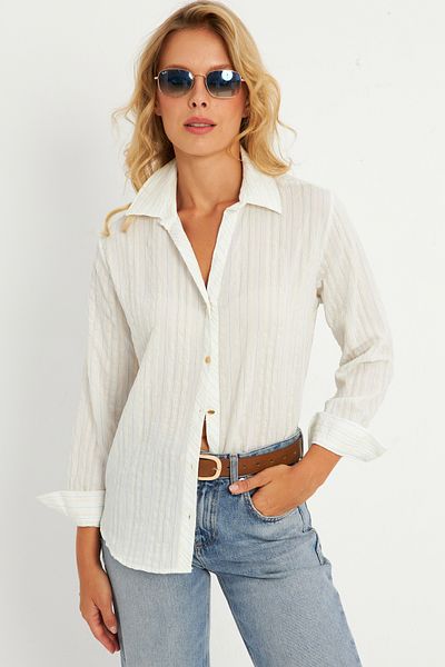Cool & Sexy Ecru-Blue Women's Shirt Ked714