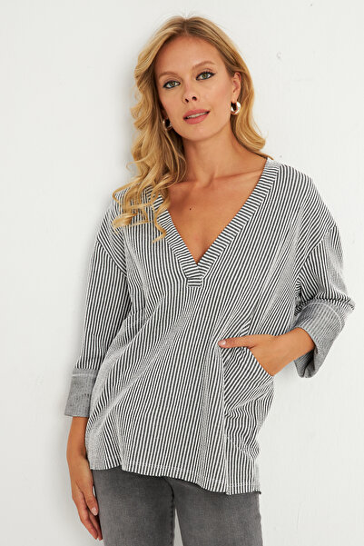 Cool & Sexy Γκρι ριγέ γυναικείο φούτερ - με τσέπη, μοντέλο Tf01