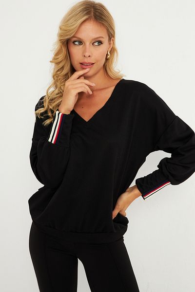 Cool & Sexy Schwarzes Damen-Sweatshirt mit V-Ausschnitt und Streifendetail - Ey2905