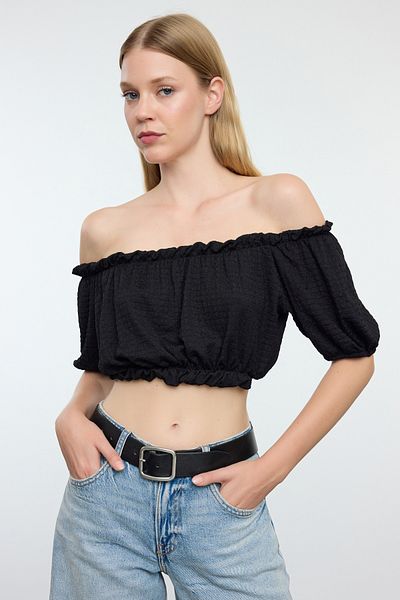 Trendyol Collection Μαύρο γιακά Carmen κανονική/κανονική εφαρμογή Twist Crop πλεκτή μπλούζα TWOSS22BZ1421