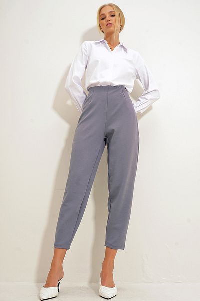 Trend Alaçatı Stili Graue Crêpe-Hose mit hoher Taille – mit Kragen und Drapierung, ALC-X12561