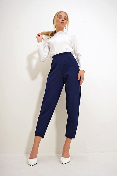 Trend Alaçatı Stili Marineblaue Crêpe-Hose mit hoher Taille – mit Kragen und fließendem Schnitt, ALC-X12561