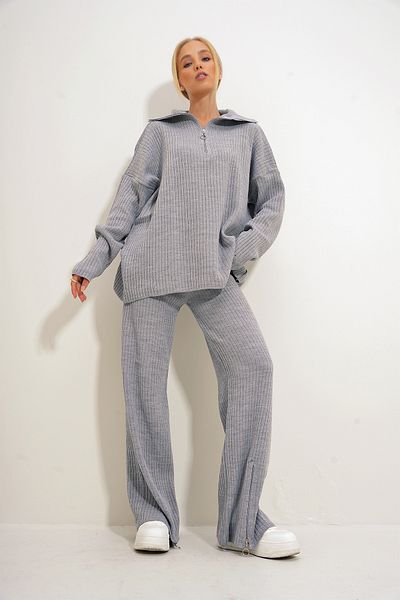 Trend Alaçatı Stili Graues Set aus Strickpullover und Palazzo-Hose – Reißverschlussdetails ALC-X12515