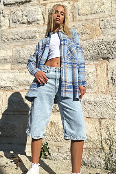 Trend Alaçatı Stili Cămașă jachetă safari pentru femei, bumbac, cu model în carouri albastru-bej ALC-X10704