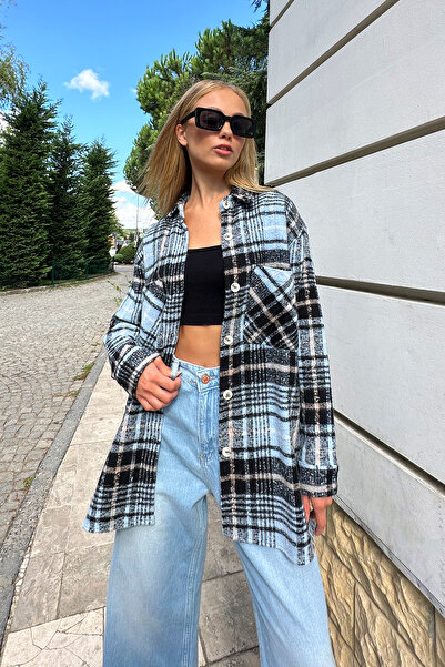 Trend Alaçatı Stili Jachetă Safari oversize în carouri, albastru, negru - cămașă din bumbac ștampilată ALC-X10704