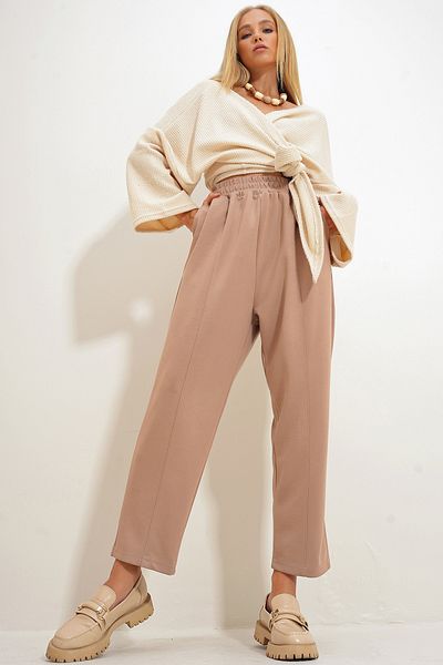 Trend Alaçatı Stili Pantaloni de damă bej - buzunare duble, gazon, talie elastică, drapaj ALC-X12560