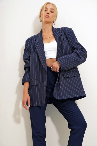 Trend Alaçatı Stili Női sötétkék csíkos blézer - bélelt, ALC-X12583