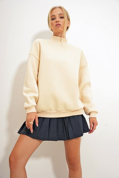 Trend Alaçatı Stili Μπεζ γυναικείο φούτερ oversize - μισό ζιβάγκο, ράστερ, 3 κλωστές ALC-X12627